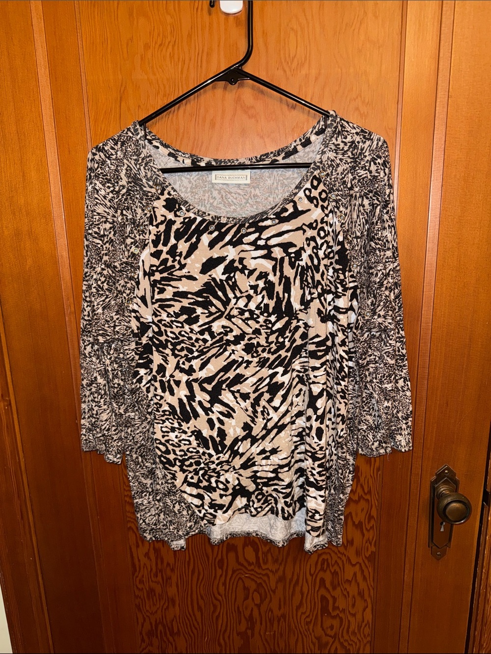 Dana Buchman Black and Cream Animal-Print Scoop Neck Top